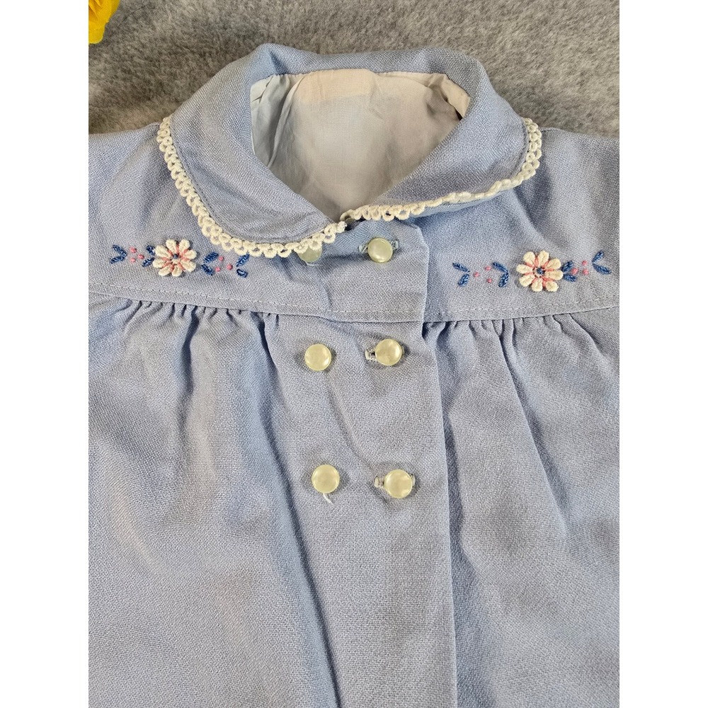 Vintage 70s Baby Blue Floral Embroidered Dress Coat Peter Pan Collar 12-18M